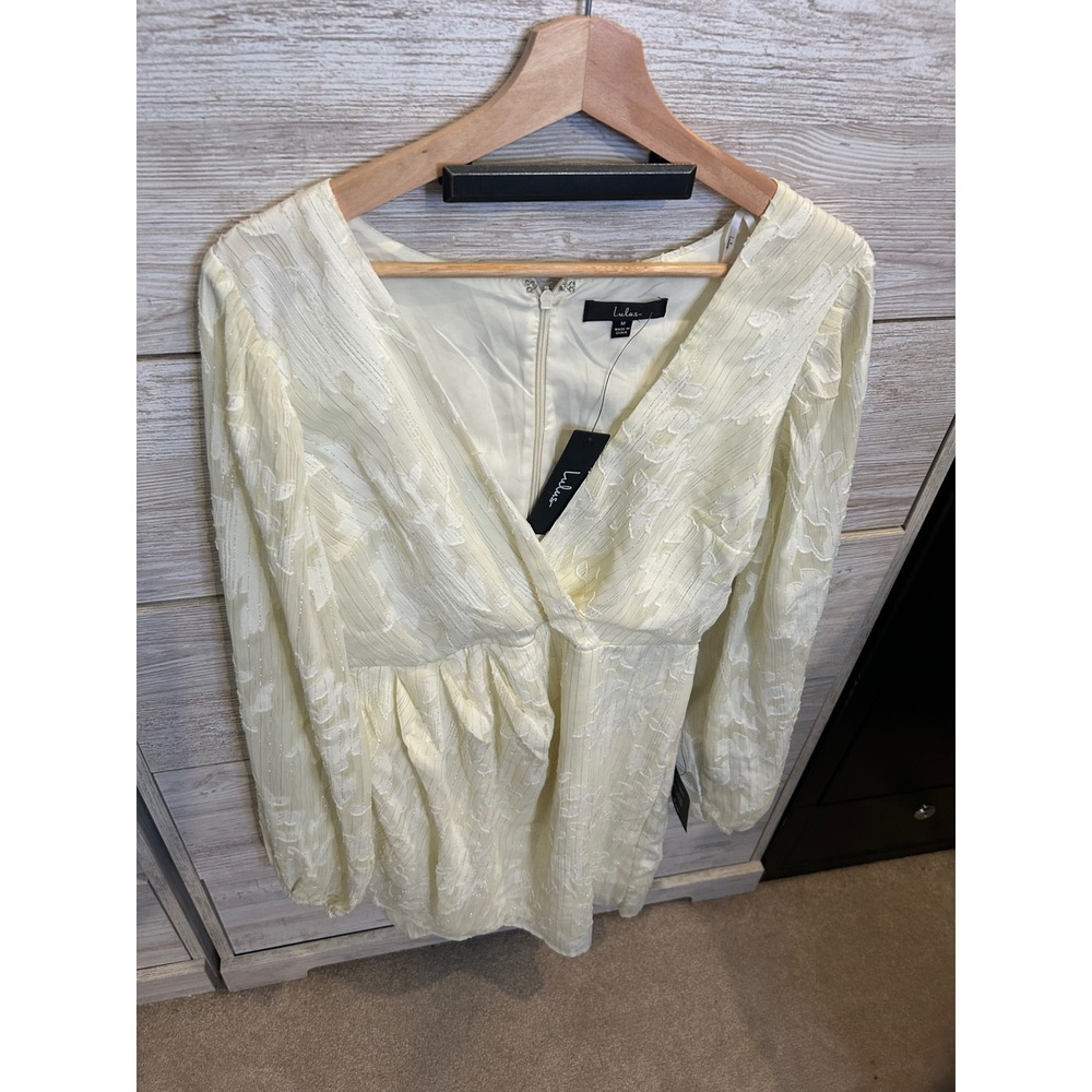 Lulus Cream Jacquard Long Sleeve Mini Dress Metallic Gold Floral Shimmer M - Picture 3 of 6
